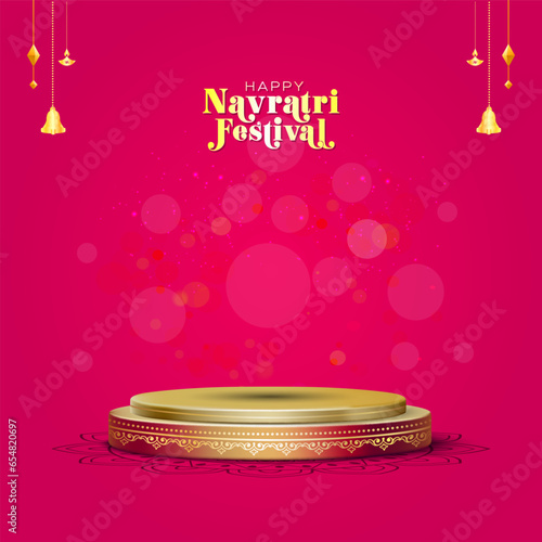 Navratri Festival Poster template design. Indian culture, Golden, podium stage design on festive background.