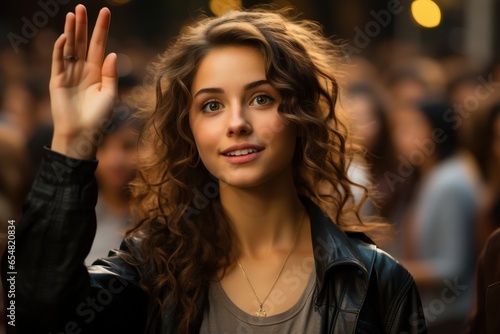 girl in the crowd with his hand raised