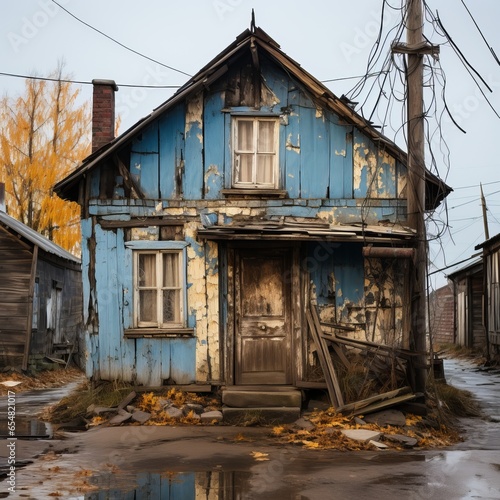 A village with old dilapidated houses and a bad road without asphalt. Off-road. Wooden hut.