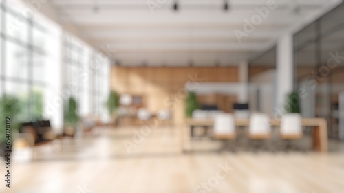 Blurred office workspace in the evening , interior workplace with cityscape for business presentation background, AI generated