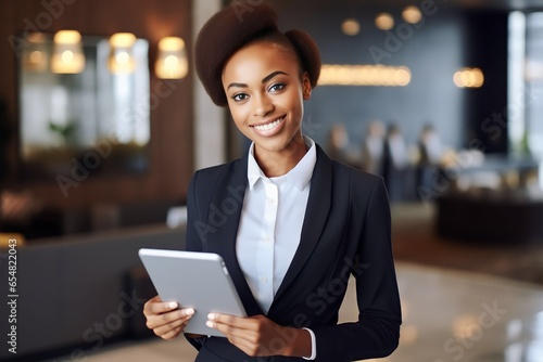 portrait african american businesswoman using digital tablet in hotel or office