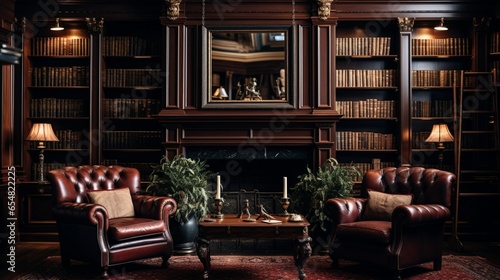 a classic home library with rich mahogany bookshelves and leather armchairs, a haven for bibliophiles and lovers of traditional elegance photo