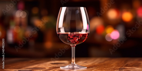 A glass of red wine on a table in a restaurant. Selective focus. Wineglass with red wine and grapes on the wooden table. 