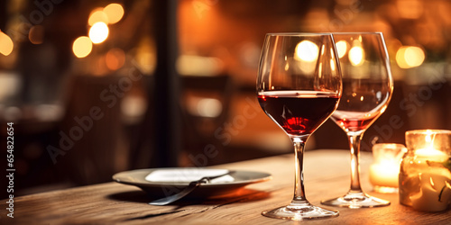 A glass of red wine on a table in a restaurant. Selective focus. Wineglass with red wine and grapes on the wooden table.