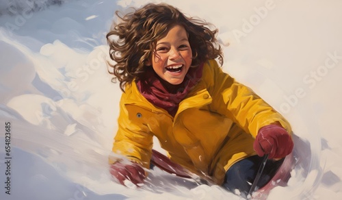 Children are sledding down the snowy slope © cherezoff