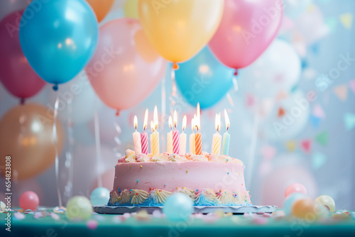 Generative AI picture Happy birthday cake candles balloons confetti abstract background