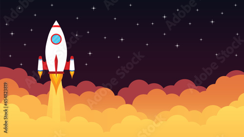 Flat style space ship rocket launch in the orange sunset sky flying over clouds. Business and Start up with copy space text area concept template.