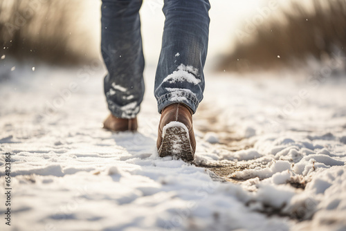 Generative AI close up picture of boy going walking in the park in warm stylish footwear