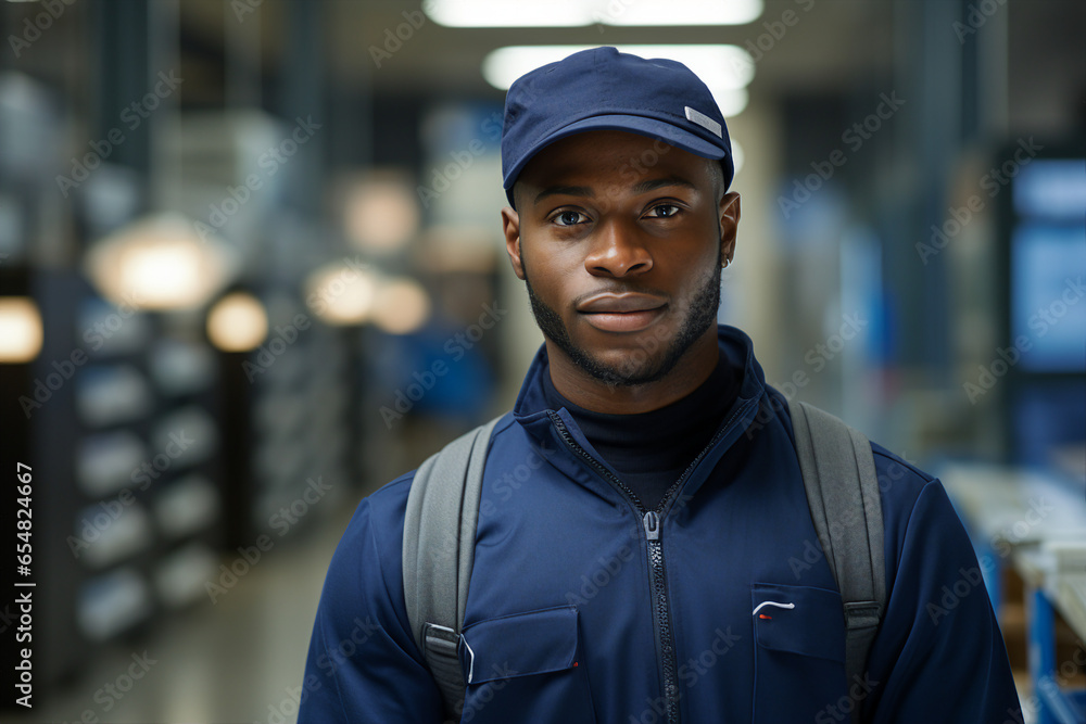 Generative AI image of black man mail carrier postman in the warehouse Generative AI image of black man mail carrier postman in the warehouse