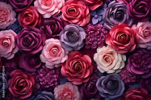 Stylish  attractive wall backdrop adorned with roses. Multicolored  flower-patterned wallpaper featuring lively  crimson blooms. 3D generated. Generative AI
