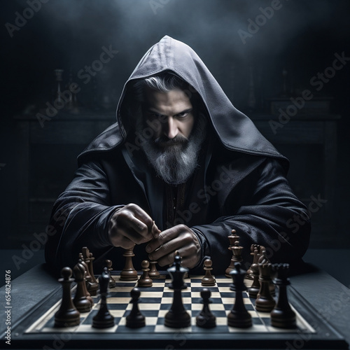 Chessmaster behind a chessboard photo