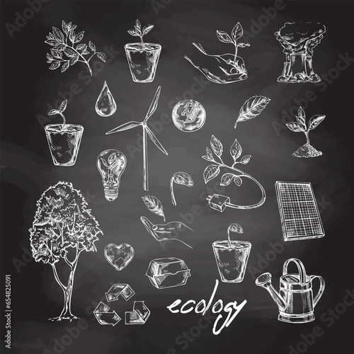 Set of ecology. Hand drawn design vector illustration on chalkboard background. Ecology problem, recycling and green energy icons and elements in doodle style. Retro style..