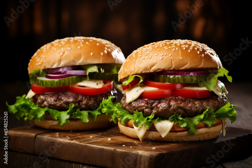 Two tempting mouthwatering burgers served with crispy golden fries lettuce potatoes generative ai