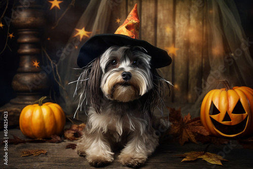 Generative AI portrait picture of halloween decorations with pretty cat dog pet in theme party costume