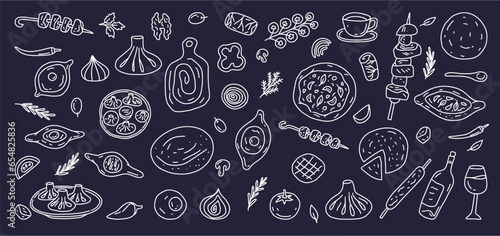 Vector collection of traditional Georgian cuisine: shish kebab, khinkali, khachapuri, wine, tortillas. Vector illustration hand-drawn in the style of a doodle.