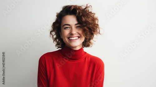 smiling woman in red turtleneck top tshirt photography studio backdrop © Fred