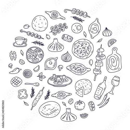 Round illustration of traditional Georgian cuisine: shish kebab, khinkali, khachapuri, wine, tortillas. The illustration is hand-drawn in the style of a doodle.