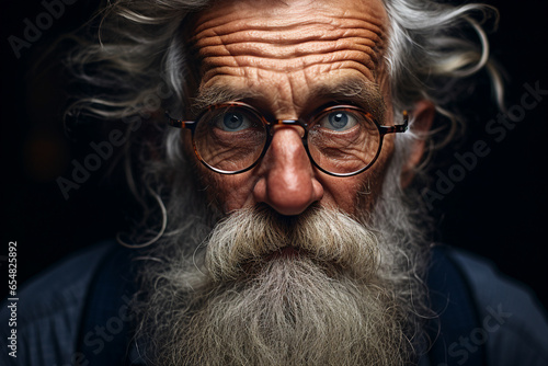 Close up photography of old wise sad man wear eyeglasses generative ai modern technology photo