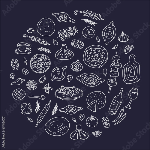 Round illustration of traditional Georgian cuisine: shish kebab, khinkali, khachapuri, wine, tortillas. The illustration is hand-drawn in the style of a doodle.