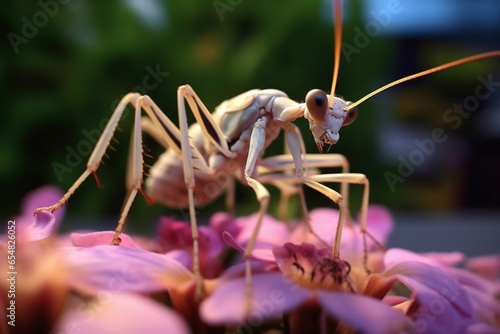 White praying mantis on flowers with nature background