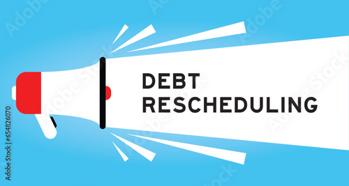 Color megaphone icon with word debt rescheduling in white banner on blue background
