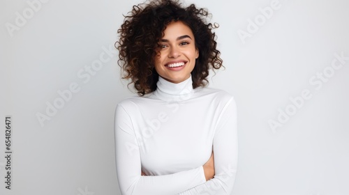 smiling woman in white turtleneck top tshirt photography studio backdrop