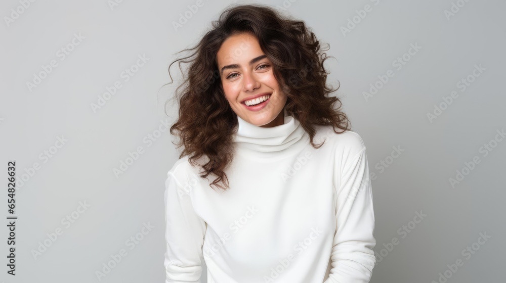 smiling woman in white turtleneck top tshirt photography studio backdrop smiling woman in white turtleneck top tshirt photography studio backdrop