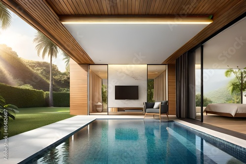 home or house building Exterior and interior design showing tropical pool villa with green tv launch © Zoraiz