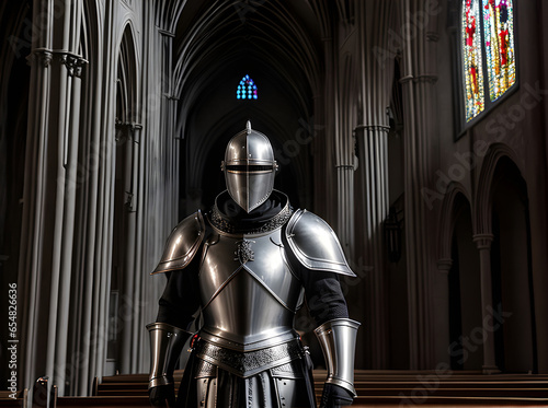 Knight silver armor gothic church sunset cinematic