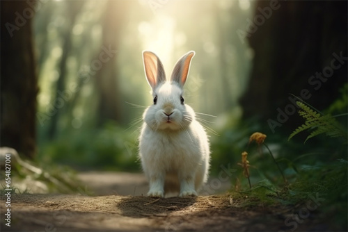 Realistic white rabbit with nature background