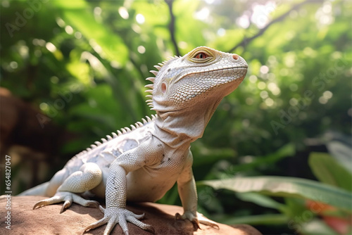 Realistic white iguana with blur nature background