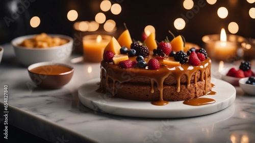 delicious homemade caramel and fresh fruit cake on white marble in the kitchen with natural soft light 