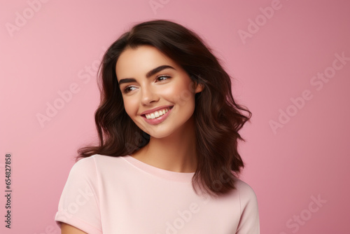 Smiling Spanish Woman with Dark Hair, White Shirt, and Jumper, Expressing Positive Emotions on Pink Background.