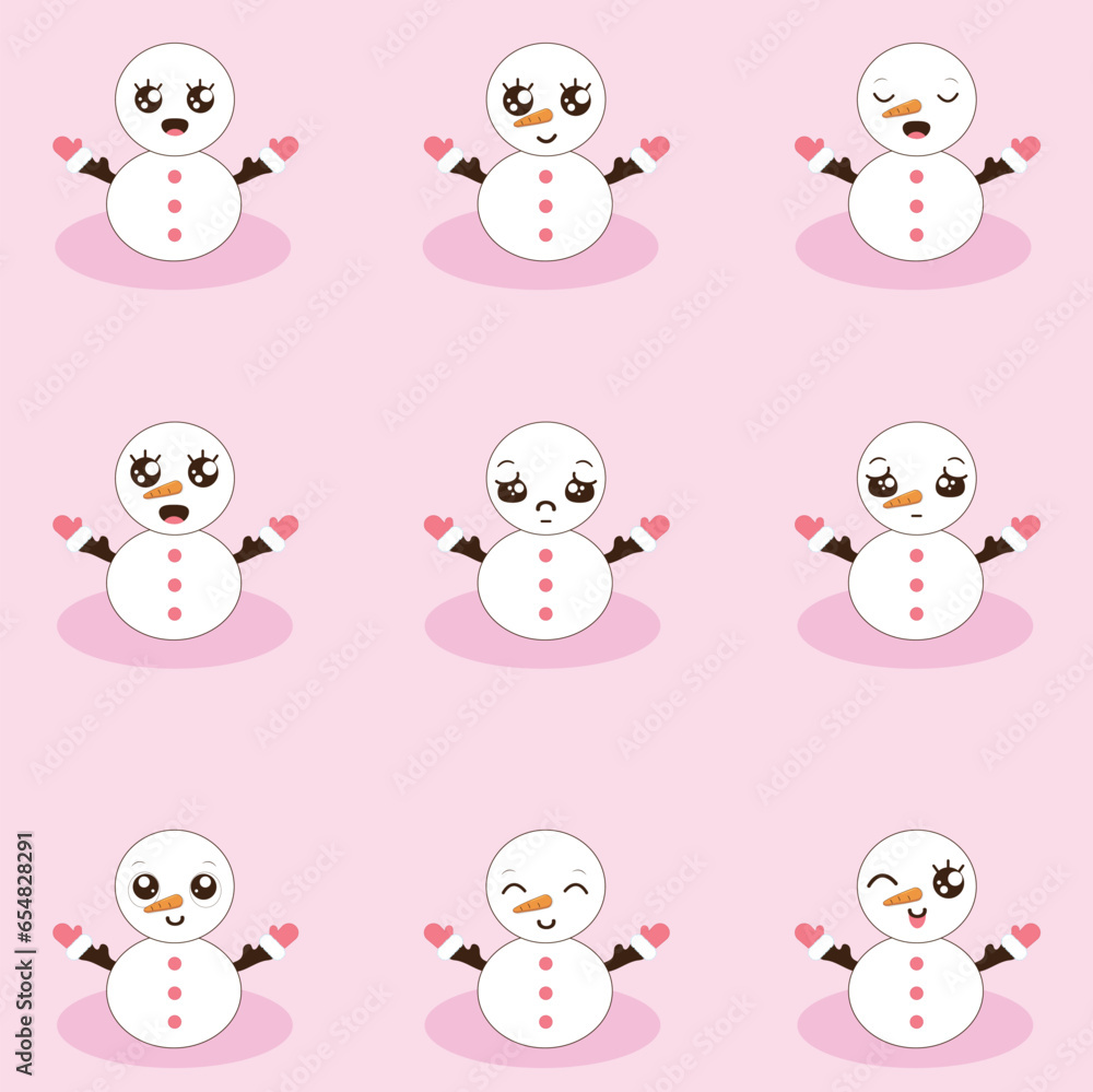 Set of snowmen in kawaii style. New Year vector work