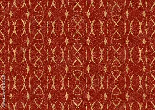 Hand-drawn unique abstract symmetrical seamless gold ornament with splatters of golden glitter on a bright red background. Paper texture. Digital artwork, A4. (pattern: p10-3c)
