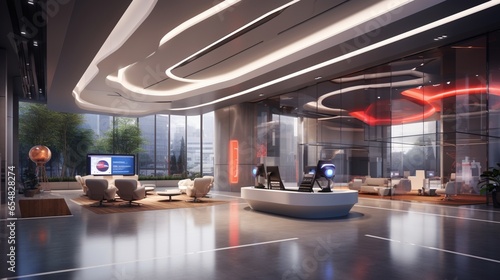 a futuristic office lobby with integrated LED lighting systems  emphasizing the synergy of technology and design