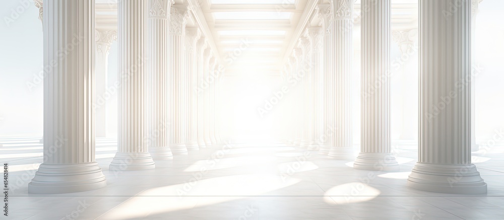 Sunlight filters through pillars in a lengthy bright hallway with copyspace for text - obrazy, fototapety, plakaty 