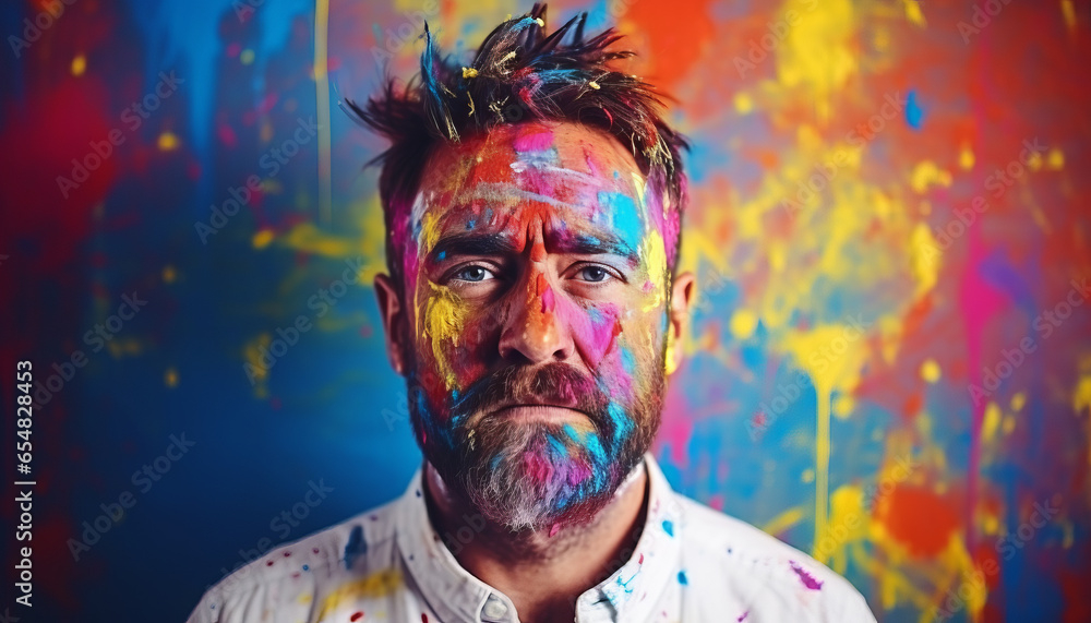 Portrait of man with colored face having fun with colorful paint - obrazy, fototapety, plakaty 