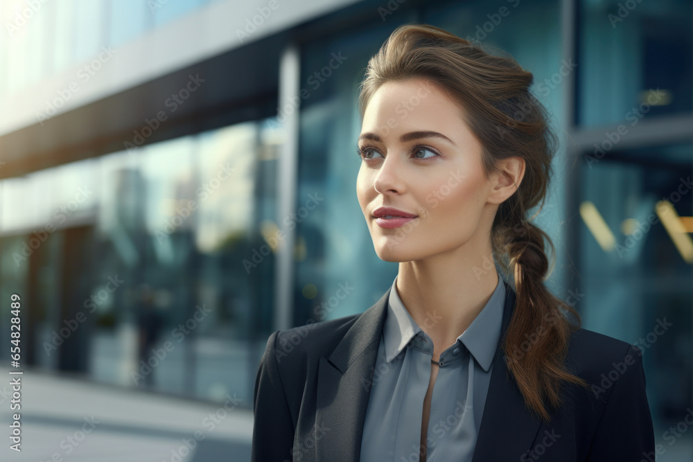Confident Businesswoman Posing Outside Office Building in Formal Attire. Confident Businesswoman Posing Outside Office Building in Formal Attire.