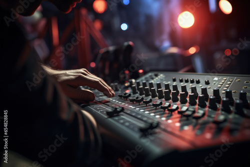 Closeup of Sound Engineer with Studio Sound and Visual Mixer for Media and Event Directing in Recording Studios.