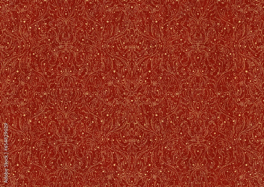 Fototapeta premium Hand-drawn unique abstract symmetrical seamless gold ornament with splatters of golden glitter on a bright red background. Paper texture. Digital artwork, A4. (pattern: p11-2b)