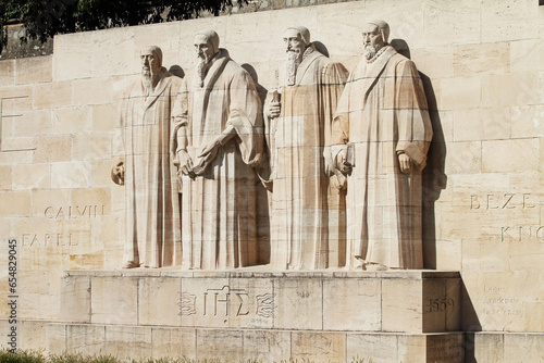 Reformation Wall in the Bastions Parc. Monument statues of the calvinistes are William Farel, John Calvin, Theodore de Beze and John Knox.