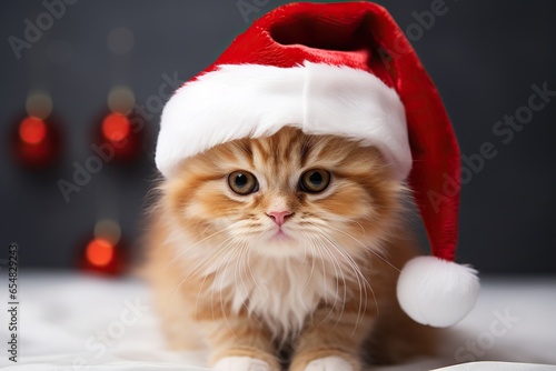 Red cat in Christmas hat isolated on a blurred background. Merry Christmas and a Happy New Year.