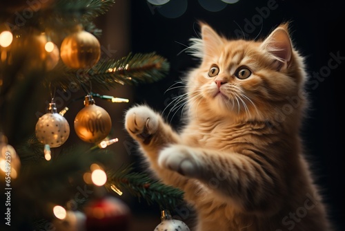 Kitten playing with a Christmas ball. Merry Christmas and a Happy New Year. © Vovmar