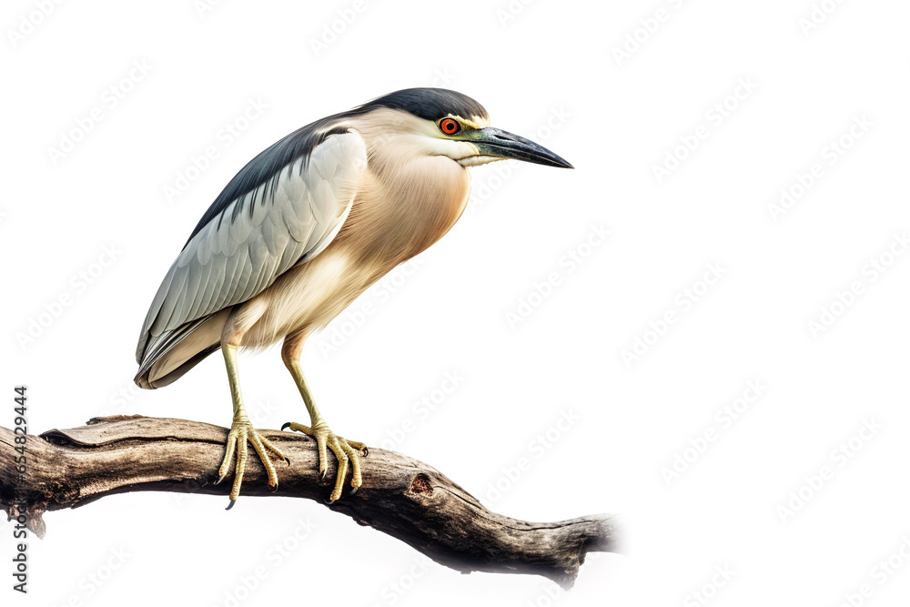 Image of black-crowned night heron bird on a branch on a white background. Birds. Animals. Illustration, Generative AI. Image of black-crowned night heron bird on a branch on a white background. Birds. Animals. Illustration, Generative AI.