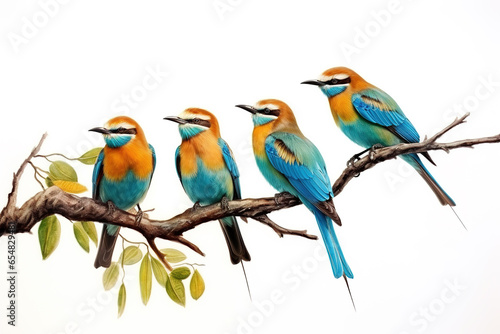 Image of group of chestnut-headed bee-eater bird on a branch on a white background. Birds. Animals. Illustration, Generative AI. © yod67