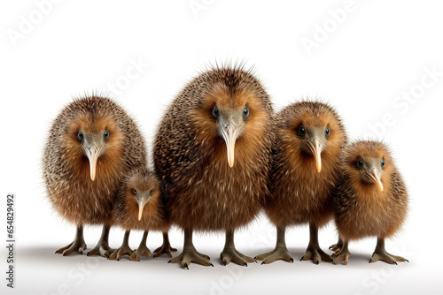 Image of family of kiwi birds on a white background. Birds. Animals. Illustration, Generative AI. © yod67