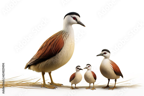 Image of family of pheasant-tailed jacana birds on a white background. Birds. Animals. Illustration, Generative AI.