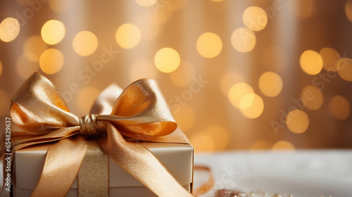 Elegant gift package with a large gold bow, background with blurry lights, Christmas theme