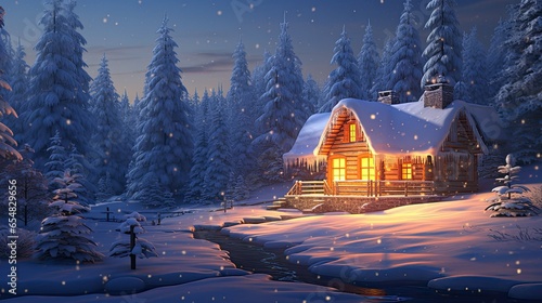 winter snowy forest at night, featuring a cozy house adorned with festive Christmas lights.